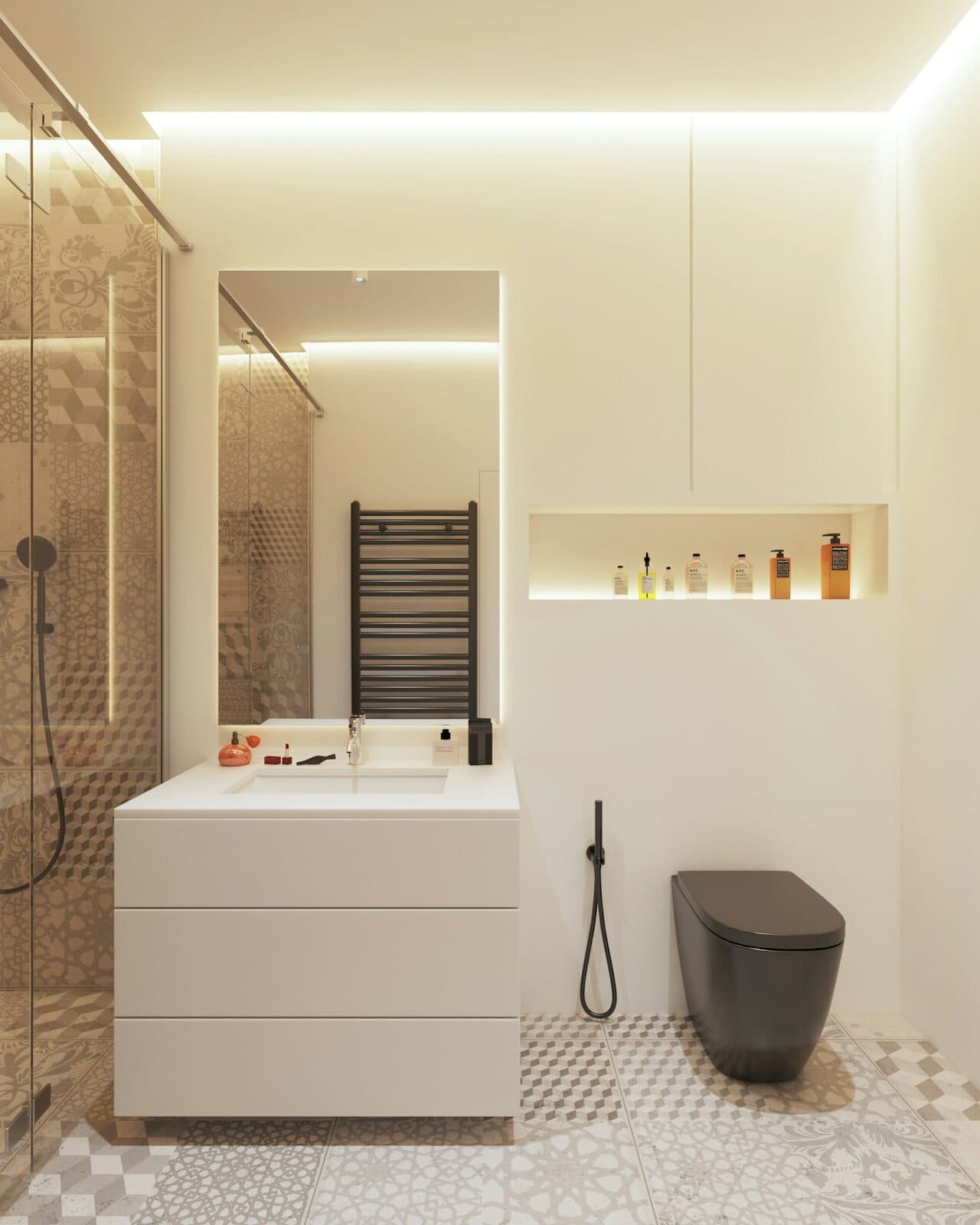 A compact modern bathroom with a patterned tiled floor, a wall-hung vanity and a heated towel rail