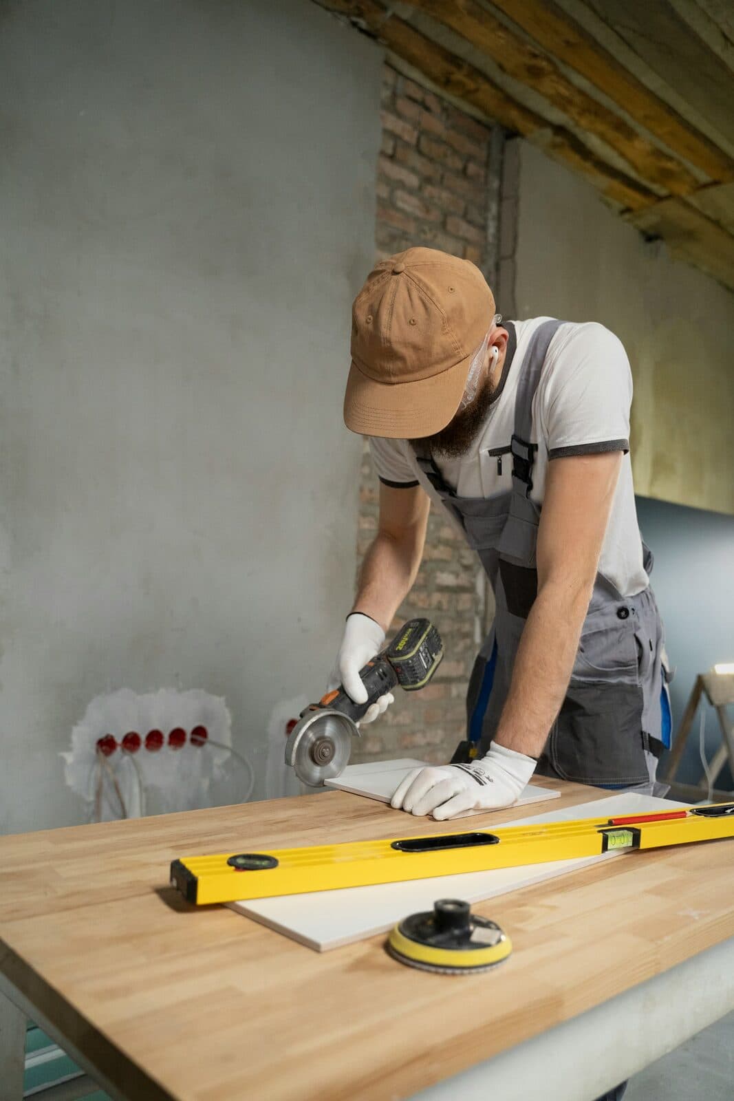 A tiler cutting a tile to size on a workbench, with a spirit level laid across the worktop