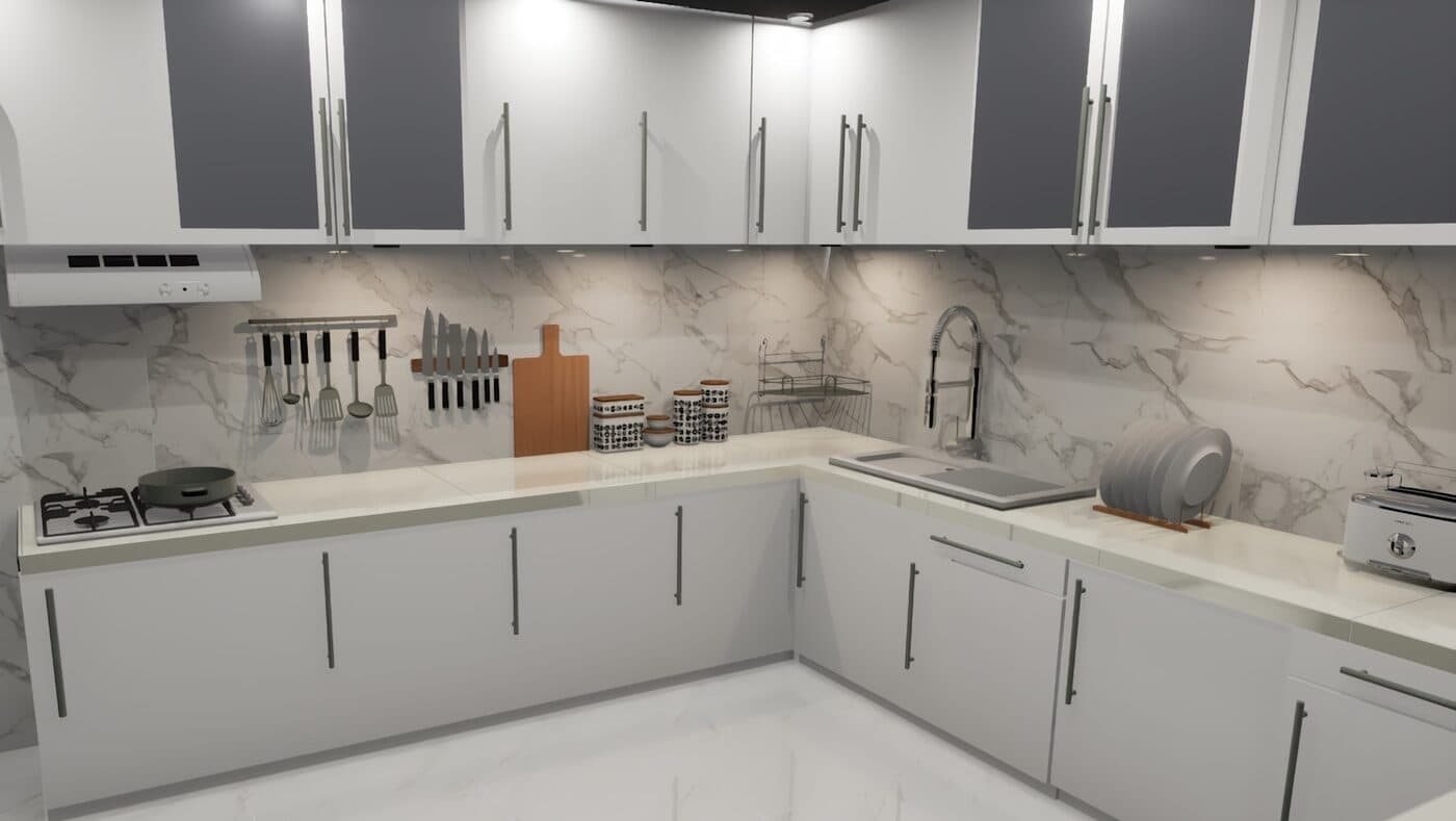 A grey kitchen with flat doors, long slim rail handles and a marble splashback